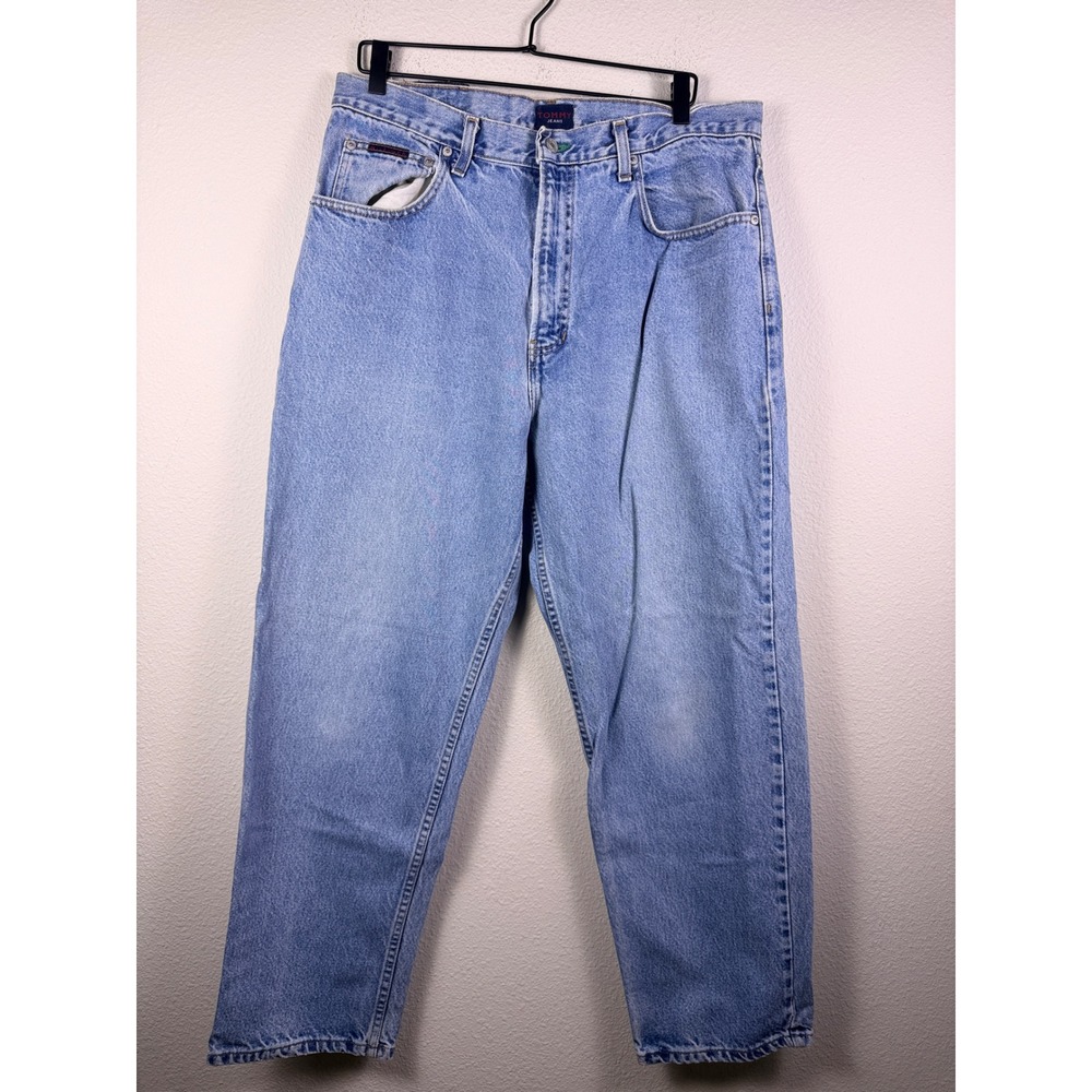 Tommy Hilfiger Jeans Mens 36x30 Light Wash Denim Straight Leg Vintage Flag Logo